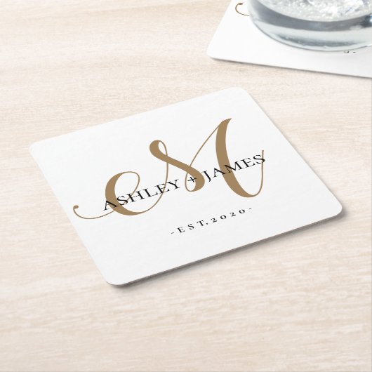 Chic Gold M Monogram Script Name Wedding Date Rechteckiger Pappuntersetzer (angewinkelt)