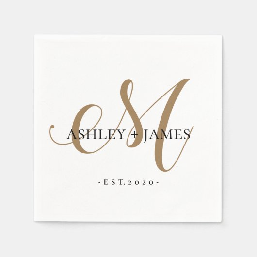 Chic Gold M Monogram Script Name Wedding Date Serviette (Vorderseite)