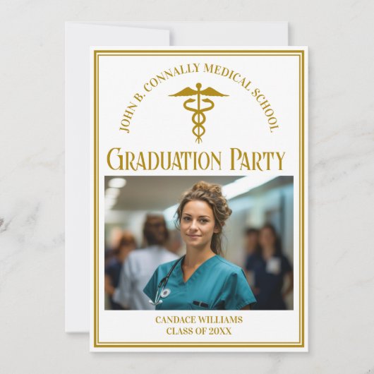 Chic Gold Medical School Abschluss Foto Party Einladung (Vorderseite)
