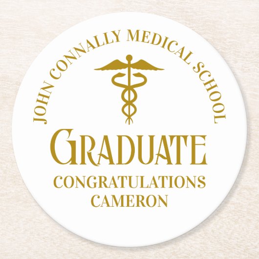 Chic Gold Medical School Graduation Party Runder Pappuntersetzer (Vorderseite)