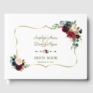 Chic Gold Merlot Navy Blue Floral Wedding Gästebuch