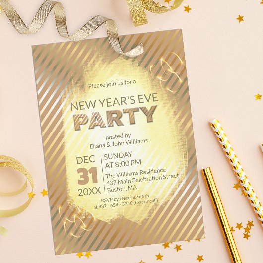 Chic Gold Metallic Stripes Silvester Party Einladung