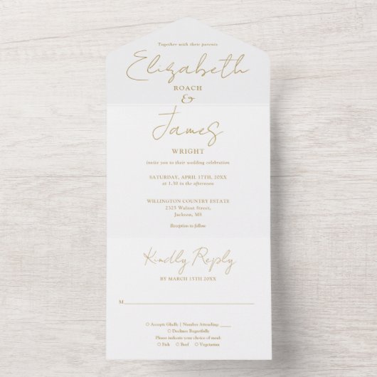 Chic Gold Minimalistisch Elegante Script Wedding All In One Einladung (Innen Boden)