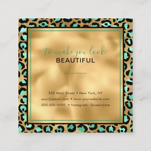 Chic Gold Mint Leopard Print Fashion Modern Quadratische Visitenkarte (Rückseite)