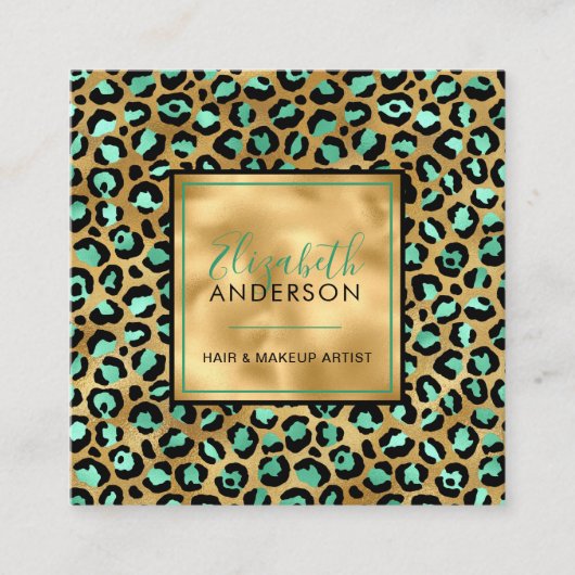 Chic Gold Mint Leopard Print Fashion Modern Quadratische Visitenkarte (Vorderseite)