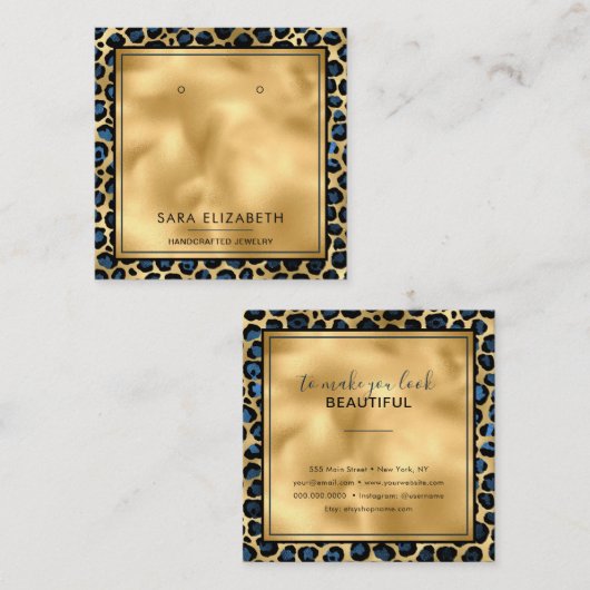 Chic Gold Minze Leopard Print Earring Display Card Quadratische Visitenkarte (Vorne/Hinten)