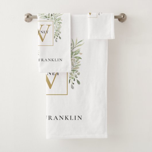 Chic Gold Monogram Eukalyptus Greenery Badhandtuch Set (Insitu)