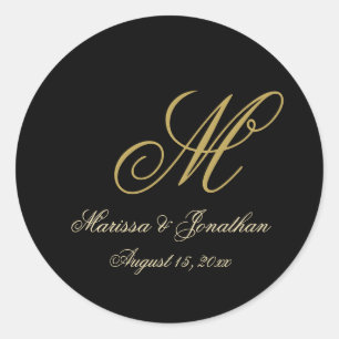 Chic Gold Monogram Script Black Wedding Runder Aufkleber