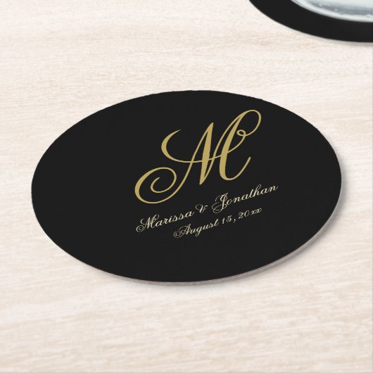 Chic Gold Monogram Script Black Wedding Runder Pappuntersetzer (Angewinkelt)