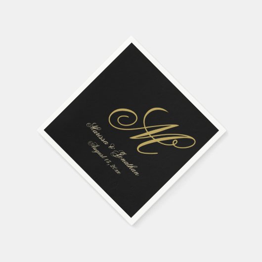 Chic Gold Monogram Script Black Wedding Serviette (Ecke)