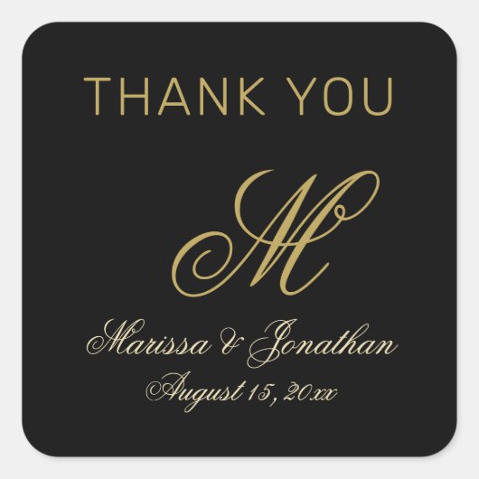 Chic Gold Monogram Script Black Wedding Vielen Dan Quadratischer Aufkleber (Vorderseite)