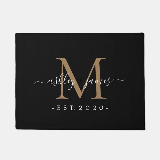 Chic Gold Monogram Script-Namen Hochzeitdatum Schw Fußmatte (Vorderseite)