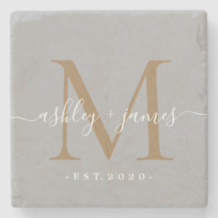 Chic Gold Monogram Script Namen Wedding Date Stone Steinuntersetzer