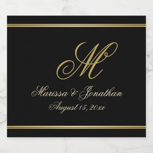 Chic Gold Monogram Script Typografy Black Wedding Schaumweinetikett (Einzelnes Label)