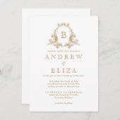 Chic Gold Monogram Wappen Hochzeitseinladung Einladung (Vorne/Hinten)