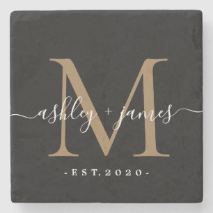 Chic Gold Monogramm Schrift Namen Hochzeitsdatum S Steinuntersetzer
