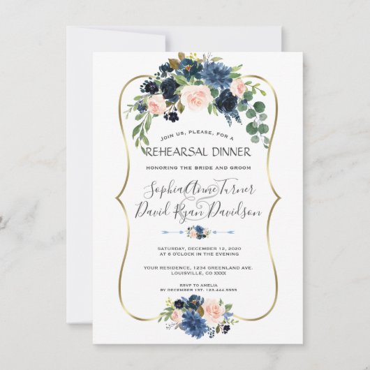 Chic Gold Navy Blue Blush Blume Probe Dinner Einladung (Vorderseite)