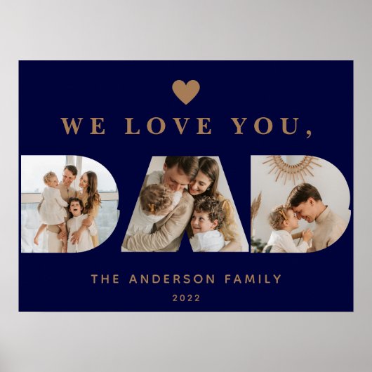 Chic Gold Navy Blue Custom Drei Vater Script Fotos Poster (Vorne)