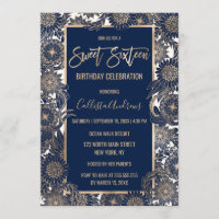 Chic Gold Navy Blue Floral Illustration Sweet 16