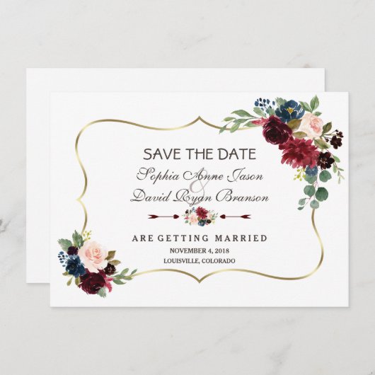 Chic Gold Navy Blue Merlot Floral Save the Date (Vorne/Hinten)