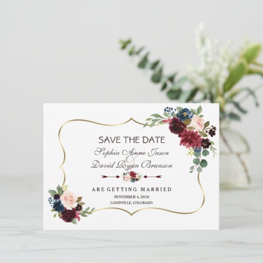Chic Gold Navy Blue Merlot Floral Save the Date (Stehend Vorderseite)
