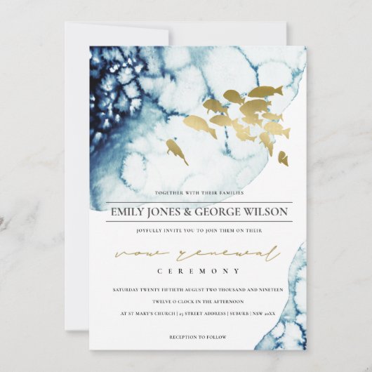 CHIC GOLD NAVY UNDERWASSERFISH VOW RENEWAL INVITE DANKESKARTE (Vorderseite)