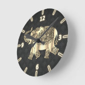 Chic Gold Paisley Floral Elephant, Black Damask Runde Wanduhr (Winkel)