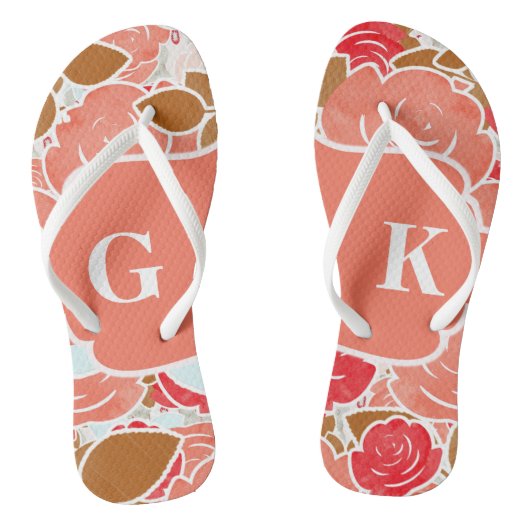 Chic Gold & Peach Wassercolor Rose Floral Monogram Badesandalen (Fußbett)