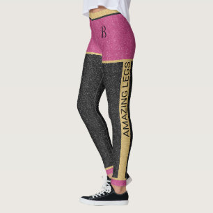 Chic Gold Pink Black Glitzer Anpassbare Monogramm Leggings
