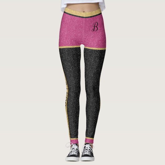 Chic Gold Pink Black Glitzer Anpassbare Monogramm Leggings (Vorderseite)