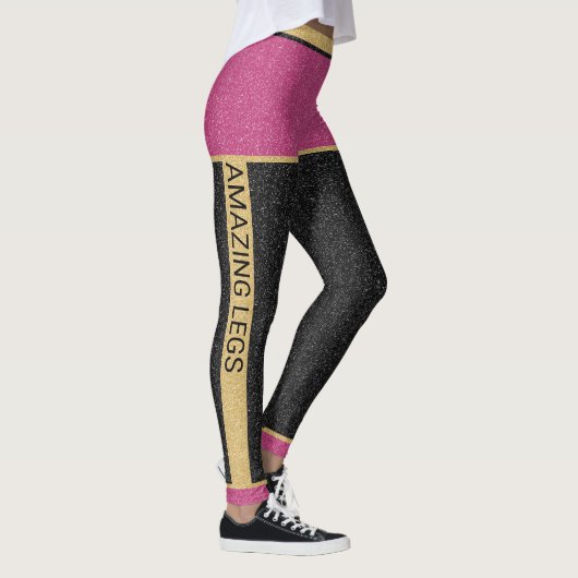 Chic Gold Pink Black Glitzer Anpassbare Monogramm Leggings (Rechts)