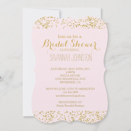 Chic Gold Pink Blush Confetti Sparkle Bridal Einladung (Vorderseite)