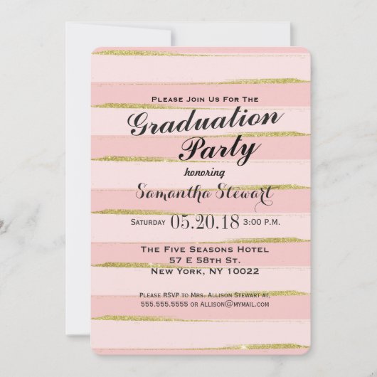 Chic Gold Pink Stripes Graduation Party Einladung (Vorderseite)