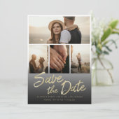 Chic Gold Pinselschrift Handschrift mit Fotos Save The Date (Stehend Vorderseite)