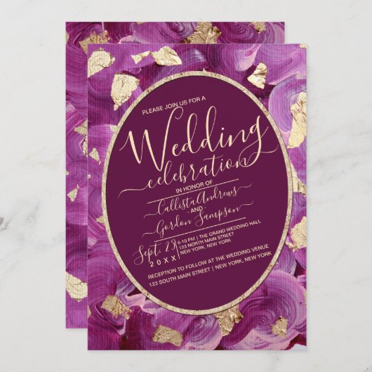 Chic Gold Plum Lilac Akrylen Brushstroke Wedding Einladung (Vorne/Hinten)
