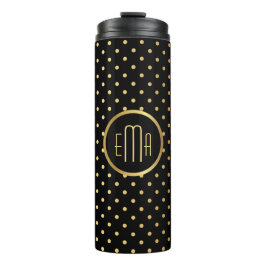 Chic Gold Polka Dots auf Schwarz mit Ihrer Monogra Thermosbecher