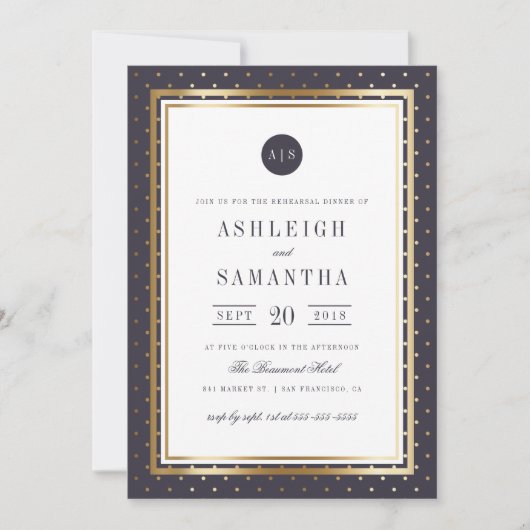 Chic Gold Polka Dots & Lila Probe Abendessen Einladung (Vorderseite)
