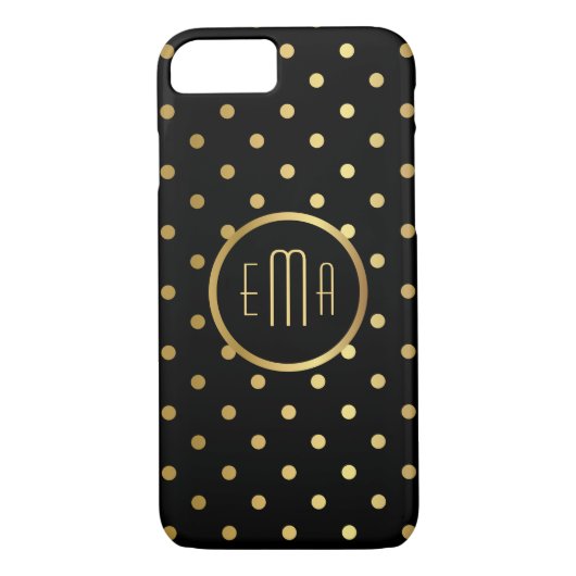 Chic Gold Polka Punkte auf Schwarz mit Monogramm Case-Mate iPhone Hülle (Rückseite)