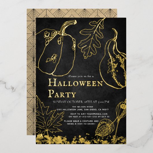 Chic Gold Pumpkin Black Halloween Party Folieneinladung (Vorderseite/Rückseite)