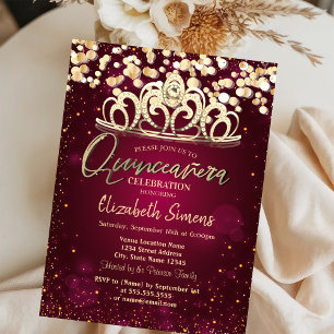 Chic Gold Punkte, Tiara Burgunder Quinceañera  Einladung