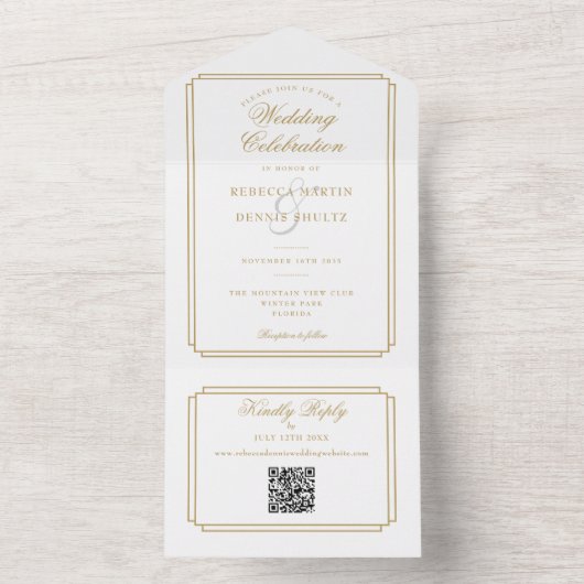 Chic Gold QR Code Art Deco Monogramm Hochzeit All In One Einladung (Innen Boden)