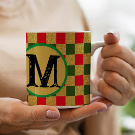 Chic Gold Red & Green Checkerboard Custom Monogram Kaffeetasse