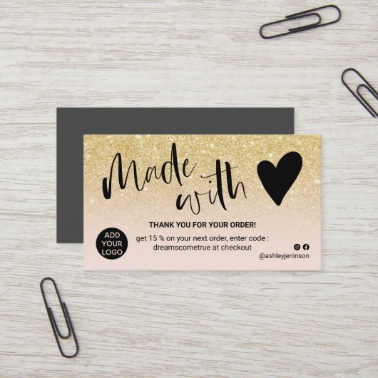 Chic gold rot Rosa Danke, mit Liebe gemacht Visitenkarte (Vorderseite/Rückseite Beispiel)