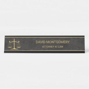 Chic Gold Scales of Justice Black Leather Anwalt Schreibtischnamensplakette
