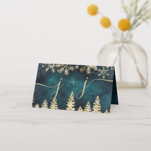 Chic gold Schnee Pine grün Weihnachtstisch Platzkarte (Rückseite)