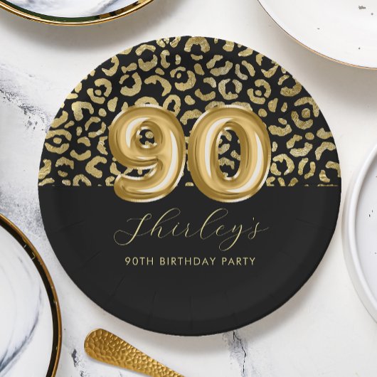 Chic Gold Schwarz Leopardendruck 90. Geburtstag Pappteller
