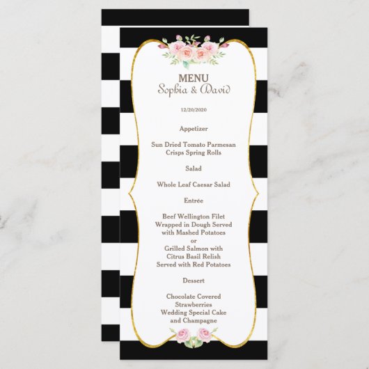 Chic Gold Schwarz-weiß Stripes Blume Hochzeitsmenü Menükarte (Vorne/Hinten)