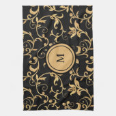 Chic Gold Schwarzes königliches Monogramm Damast Geschirrtuch (Vertikal)