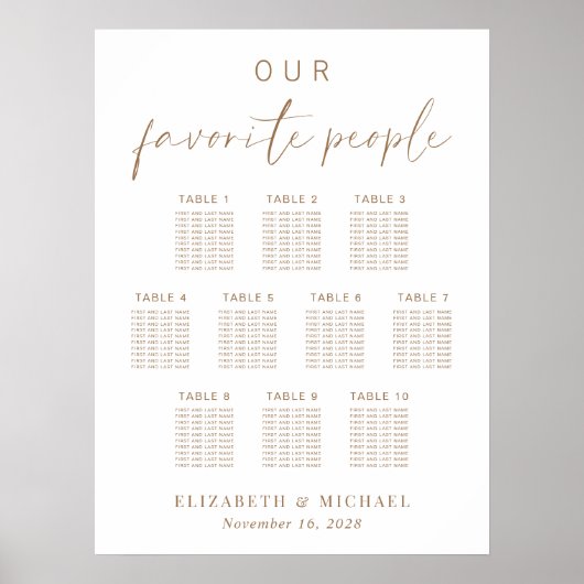 Chic Gold Script 10 Tabelle Seating Chart Poster (Vorne)
