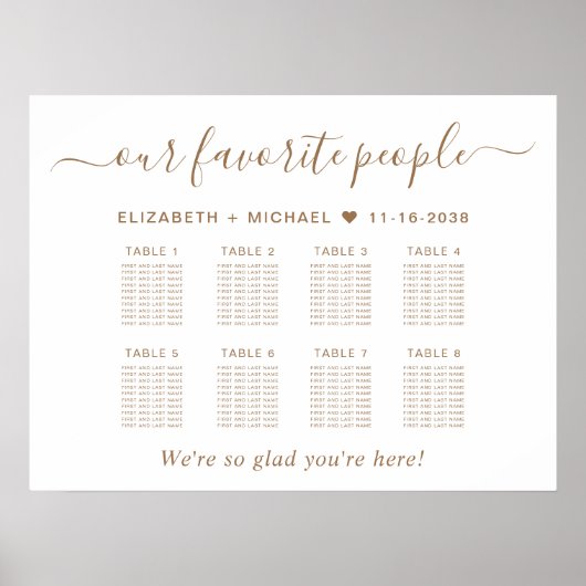 Chic Gold Script 8 Table Wedding Chart Poster (Vorne)